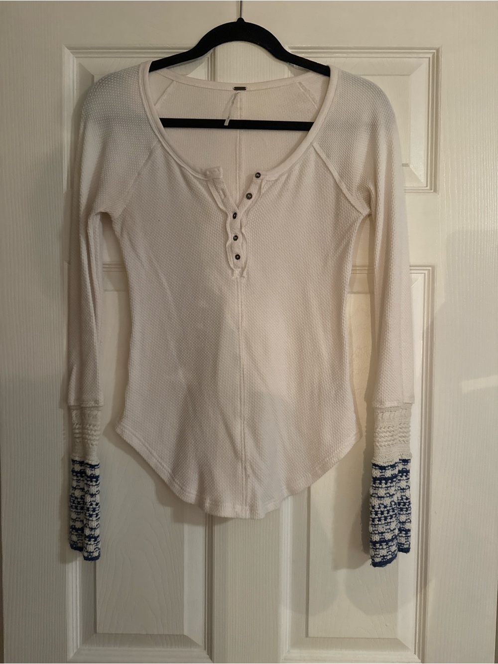 Free People Cream Waffle Henley with Blue Embroidered Cuffs